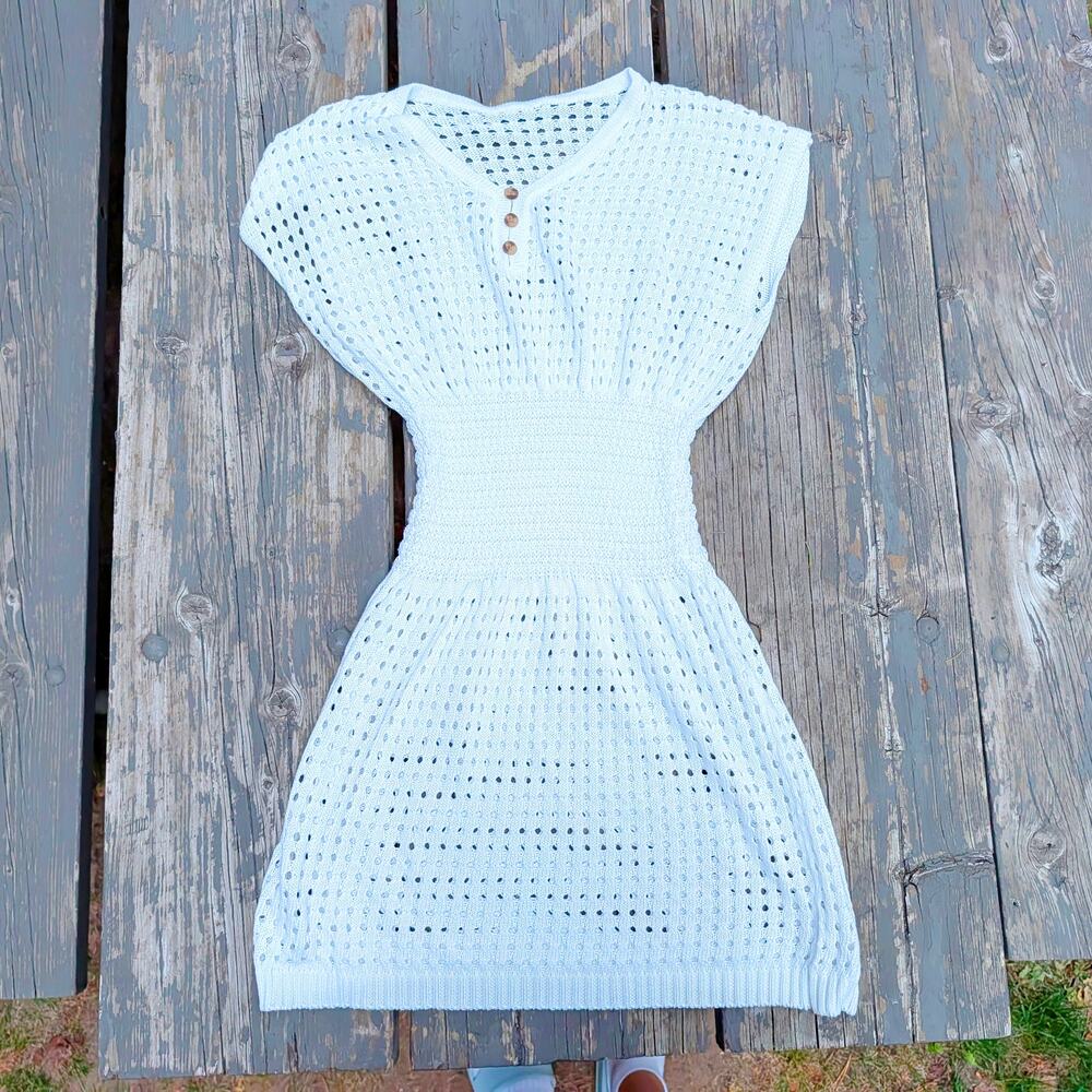 White Crochet Knit Beach Cover Up Mini Dress Tunic Boho Coastal Vacation Women's